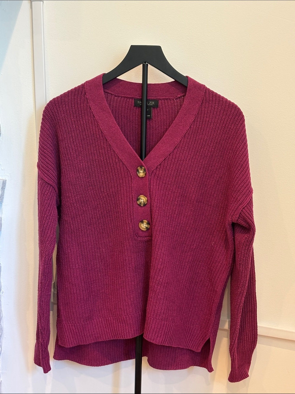 Rachel Zoe Magenta V-Neck Button Ribbed Sweater- Like New